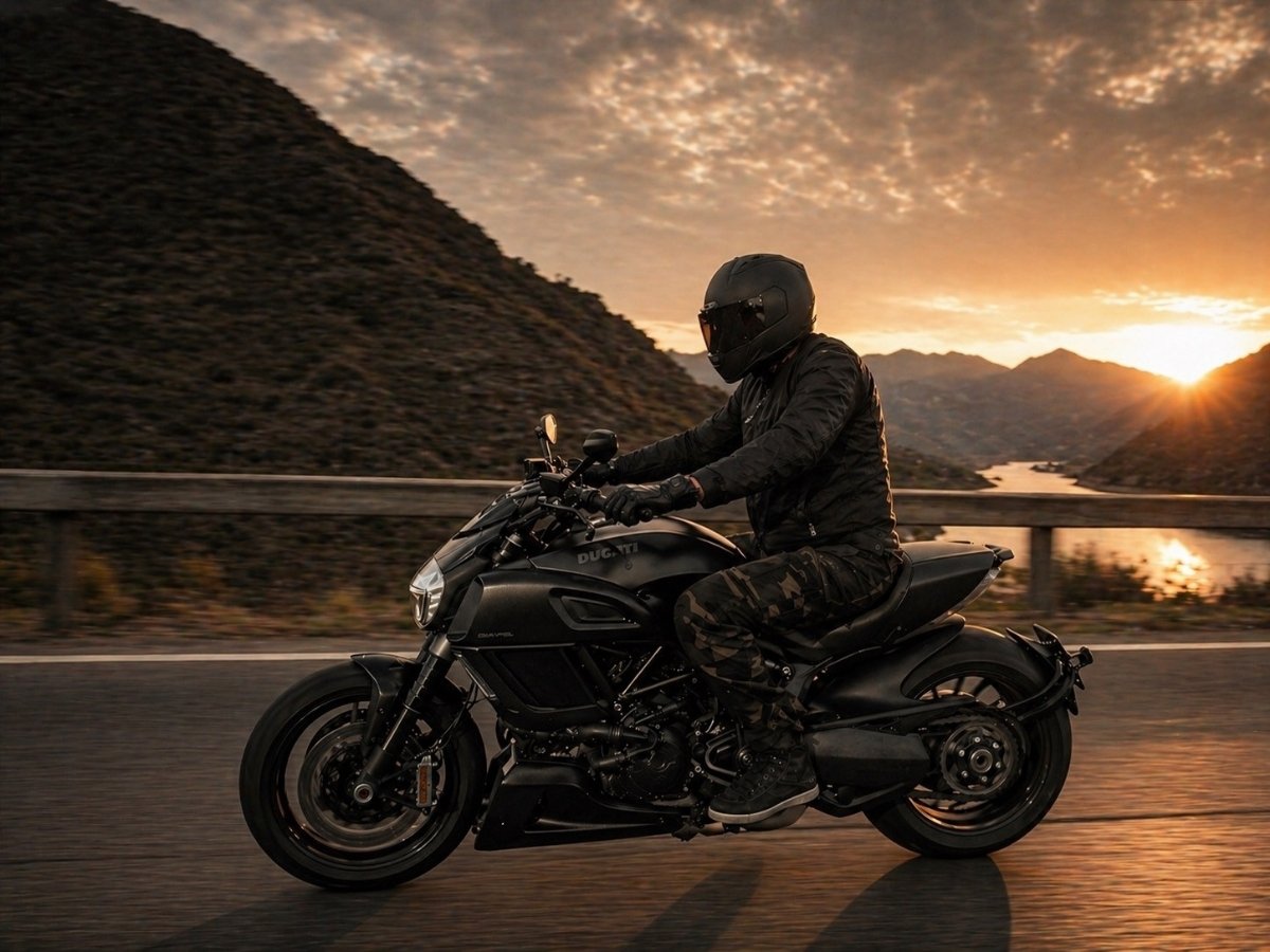 ColdFire founder riding Ducati Diavel at sunset — the ride that inspired the brand