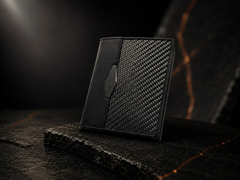 ColdFire Flex Series carbon fiber wallet on dark stone with orange veining