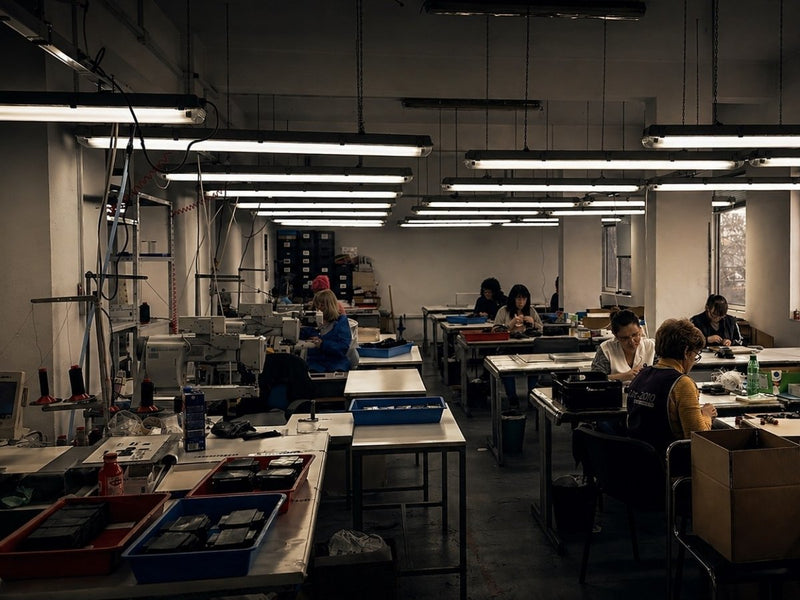 ColdFire production workshop, Plovdiv, Bulgaria — skilled craftspeople
handcrafting carbon fiber wallets