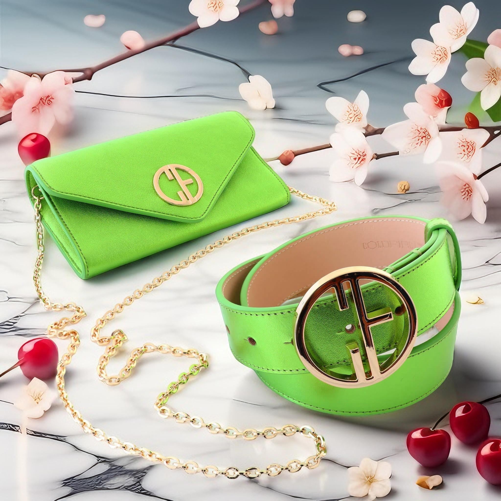 Set of Small Women's Bag and Leather Belt Set 35mm - Auriga Fresh Green | COLDFIRE