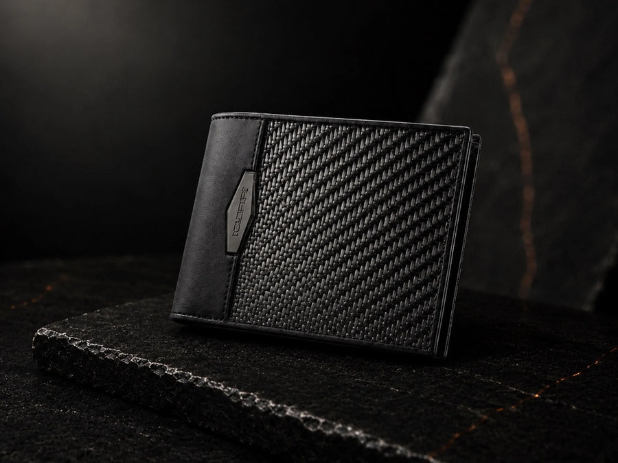 ColdFire Strike Series carbon fiber bifold wallet on dark slate with orange veining